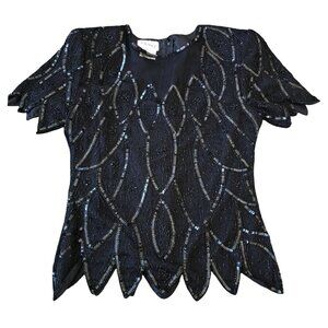 Stenay Sequined Short Sleeved Beaded Black Silk Top Size M Vintage 80s 90s Silk